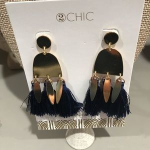 Navy and gold tassel earring, post back.